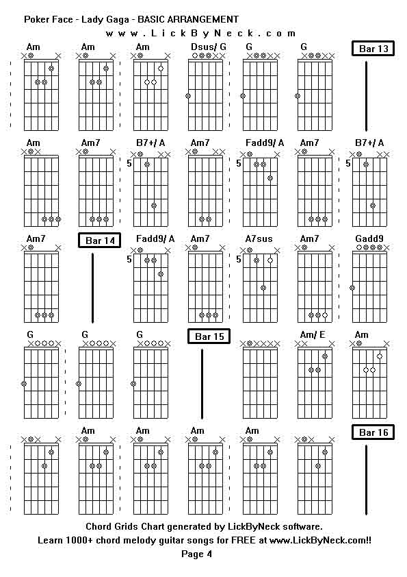 Chord Grids Chart of chord melody fingerstyle guitar song-Poker Face - Lady Gaga - BASIC ARRANGEMENT,generated by LickByNeck software.